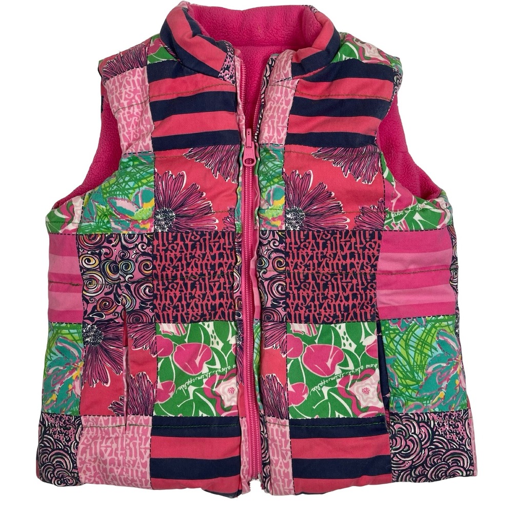 Lilly Pulitzer Reversible Puffer Vest Girls XS 2-3 Pink Floral Patchwork Down